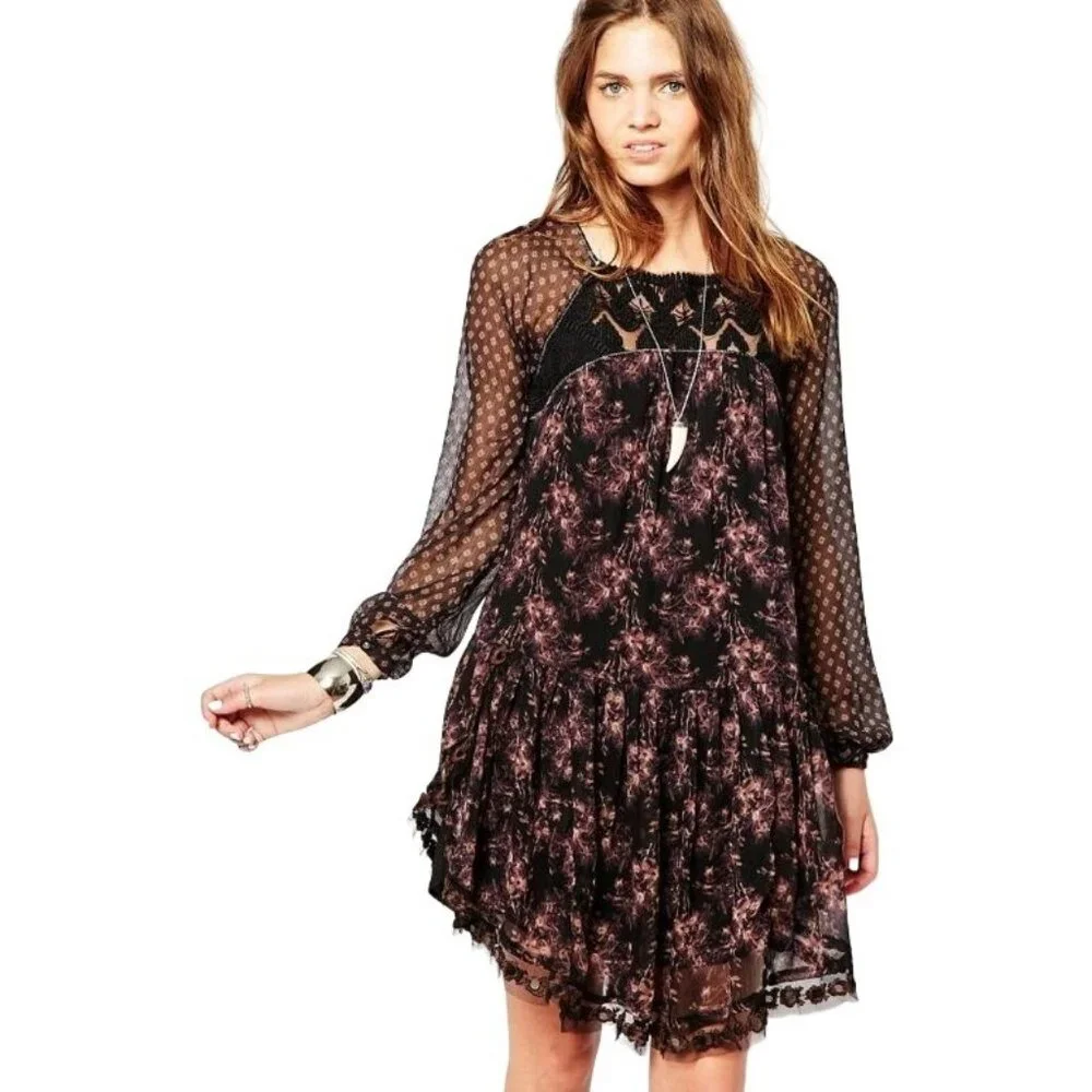 Free People Women's Midnight Garden Combo Sheer Long Sleeve Elsie Dress XS/TP - Picture 2 of 14